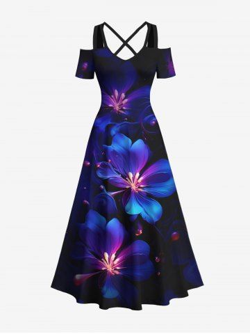 Plus Size Flowers Glitter 3D Print Cold Shoulder Crisscross Hawaii Maxi Dress - NAVY BLUE - XXS