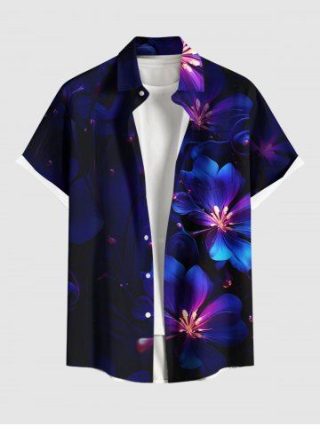 Plus Size Flowers Glitter 3D Print Buttons Pocket Hawaii Shirt For Men - BLACK - S