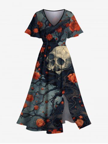 Plus Size Halloween Skulls Rose Flowers Print Split Midi Dress - BLACK - XXS