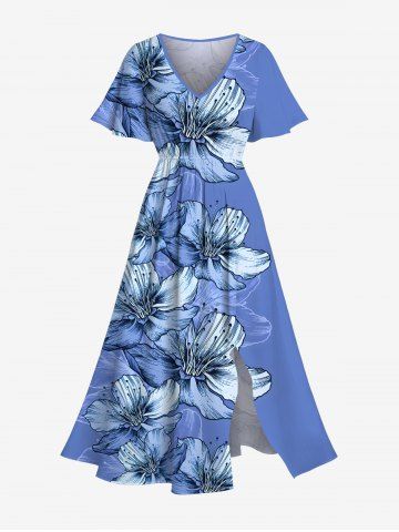Plus Size Flowers Leaf Print Split Hawaii Midi Dress - SKY BLUE - XXS