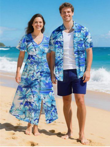 Coconut Tree Hibiscus Flowers Tie Dye Print Plus Size Matching Hawaii Beach Outfit For Couples