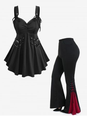 Gothic Ruched Solid Top and Lace Up Contrast Godet Hem Flare Pants Plus Size Outfit - BLACK