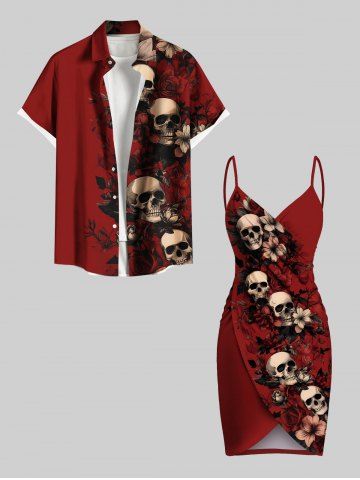 Halloween Skull Flower Leaf Print Plus Size Matching Outfit For Couples - RED