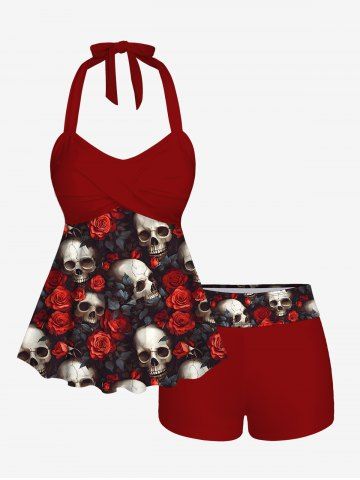 Skull Rose Flower Print Halloween Twist Halter Backless Tankini Swimsuit - RED - S