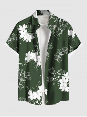 Plus Size Hibiscus Flower Leaf Branch Print Hawaii Button Pocket Shirt For Men - GREEN - 6XL