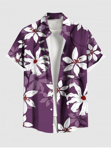 Plus Size Ombre Hibiscus Flower Print Hawaii Button Pocket Shirt For Men - PURPLE - XL