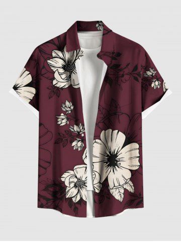 Plus Size Flower Leaf Branch Print Hawaii Ombre Button Pocket Shirt For Men - BLACK - S