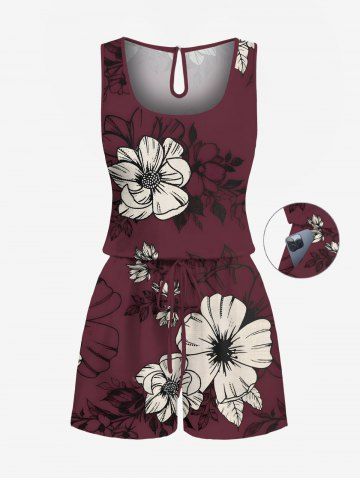 Plus Size Flower Leaf Branch Print Hawaii Ombre Drawstring Pocket Romper - RED WINE - 2X