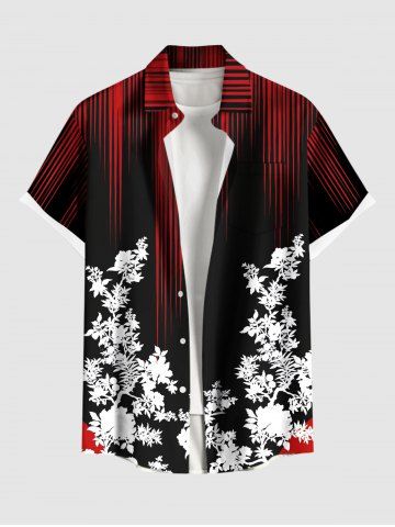 Plus Size Flower Branch Light Beam Print Hawaii Button Pocket Shirt For Men - BLACK - 6XL