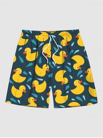 Plus Size Duck Water Drop Print Hawaii Drawstring Beach Shorts For Men - BLACK - 7XL