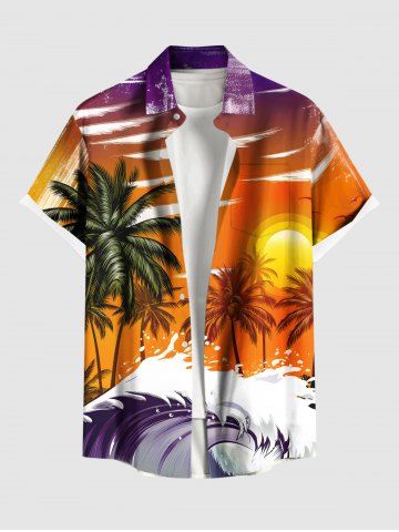 Plus Size Coconut Tree Sea Wave Sunset Ombre Sky Print Hawaii Button Pocket Shirt For Men - ORANGE - 4XL