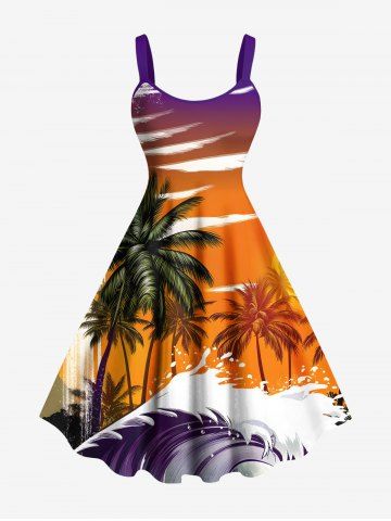 Plus Size Coconut Tree Sea Wave Sunset Ombre Sky Print Hawaii A Line Tank Dress - ORANGE - S