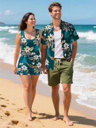 Matching Hawaii Shirt and Romper Plus Size Beach Outfit Tropical Leaf Flower Tree Print For Couples -  