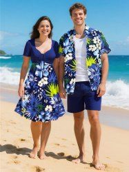 Hibiscus Flowers Tropical Leaf Print Plus Size Matching Hawaii Beach Outfit For Couples -  