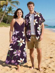 Two Tone Flower Leaf Branch Print Plus Size Matching Hawaii Beach Outfit For Couples -  