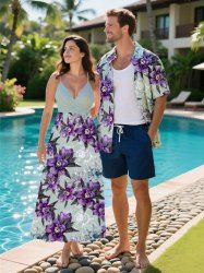 Flowers Leaf Print Plus Size Matching Hawaii Beach Outfit For Couples -  