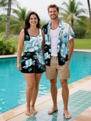 Matching Hawaii Shirt and Romper Plus Size Beach Outfit Flowers Leaf Ombre Colorblock Printed for Couples -  
