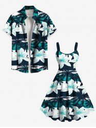 Coconut Tree Flowers Colorblock Print Plus Size Matching Hawaii Beach Outfit For Couples -  