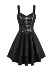 Robe débardeur trapèze superposée avec fermeture éclair en étoile, bretelles en PU, œillets et boucle - Noir XXL