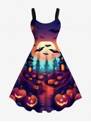 Plus Size Halloween Pumpkin Bat Moon Castle Print Tank Dress -  