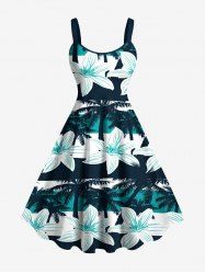 Plus Size Coconut Tree Flowers Colorblock Print Hawaii Tank Dress -  