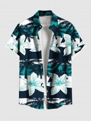 Plus Size Coconut Tree Flowers Colorblock Print Buttons Pocket Hawaii Shirt For Men -  