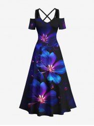 Plus Size Flowers Glitter 3D Print Cold Shoulder Crisscross Hawaii Maxi Dress -  