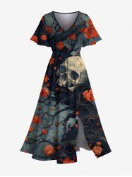 Robe mi-longue fendue grande taille à imprimé tête de mort et roses pour Halloween - Noir XXS