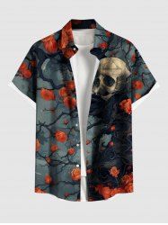Plus Size Halloween Skulls Rose Flowers Print Buttons Pocket Shirt For Men -  