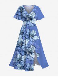 Robe mi-longue hawaïenne fendue à imprimé fleurs et feuilles grande taille - Bleu Ciel XS