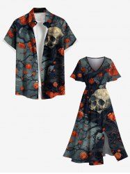 Halloween Skulls Rose Flowers Print Plus Size Matching Outfit For Couples - Noir 