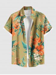 Plus Size Hibiscus Flowers Leaf Print Buttons Pocket Hawaii Shirt For Men -  