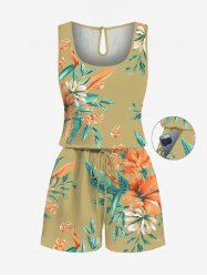 Plus Size Hibiscus Flowers Leaf Print Cinched Hawaii Romper -  