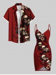 Tenue d'Halloween grande taille à imprimé tête de mort, fleur et feuille, pour couple - Rouge 