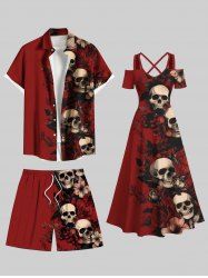 Tenue d'Halloween grande taille à imprimé tête de mort, fleur et feuille, pour couple - Rouge 