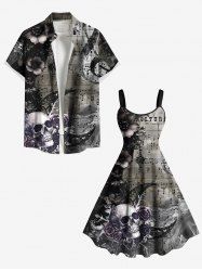 Tenue assortie grande taille pour couple, motif tête de mort, fleur, lune, symbole musical - Gris Foncé 
