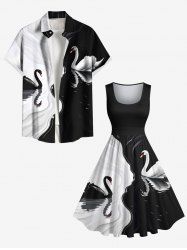 Contrast Colorblock Two Tone Swan Print Plus Size Matching Hawaii Beach Outfit For Couples -  