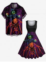 Halloween Pumpkin Wizard Spider Web Print Plus Size Matching Outfit For Couples -  