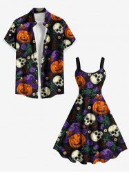 Halloween Skull Pumpkin Flower Leaf Branch Print Plus Size Matching Outfit For Couples -  