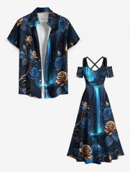 Rose Flower Fall Galaxy Print Plus Size Matching Hawaii Beach Outfit For Couples -  