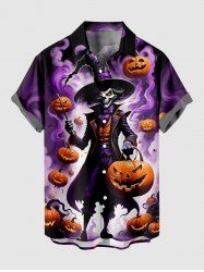 Plus Size Pumpkin Wizard Ombre Smoke Print Halloween Button Pocket Shirt For Men -  