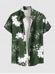 Plus Size Hibiscus Flower Leaf Branch Print Hawaii Button Pocket Shirt For Men -  