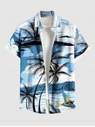 Plus Size Coconut Tree Sea Mountain Cloud Print Hawaii Button Pocket Shirt For Men -  