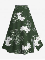Plus Size Hibiscus Flower Leaf Branch Print Hawaii Split A Line Skirt -  