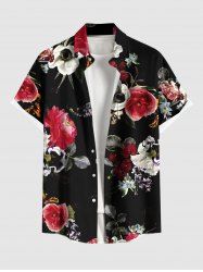 Plus Size Flower Leaf Print Hawaii Button Pocket Shirt For Men -  