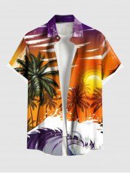 Plus Size Coconut Tree Sea Wave Sunset Ombre Sky Print Hawaii Button Pocket Shirt For Men -  