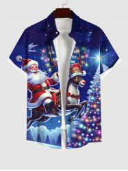Plus Size Christmas Tree Light Hat Elk Santa Claus Glitter Galaxy Print Button Pocket Shirt For Men -  