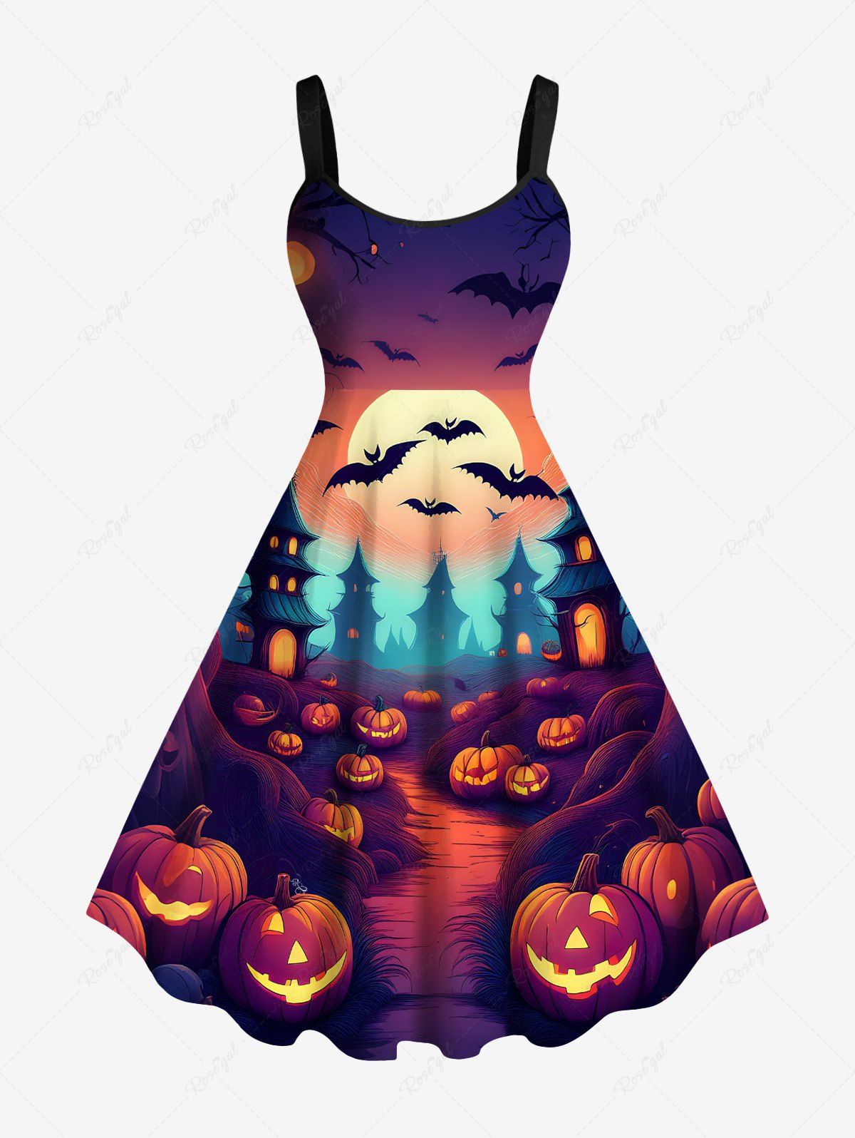 Outfits Plus Size Halloween Pumpkin Bat Moon Castle Print Tank Dress  
