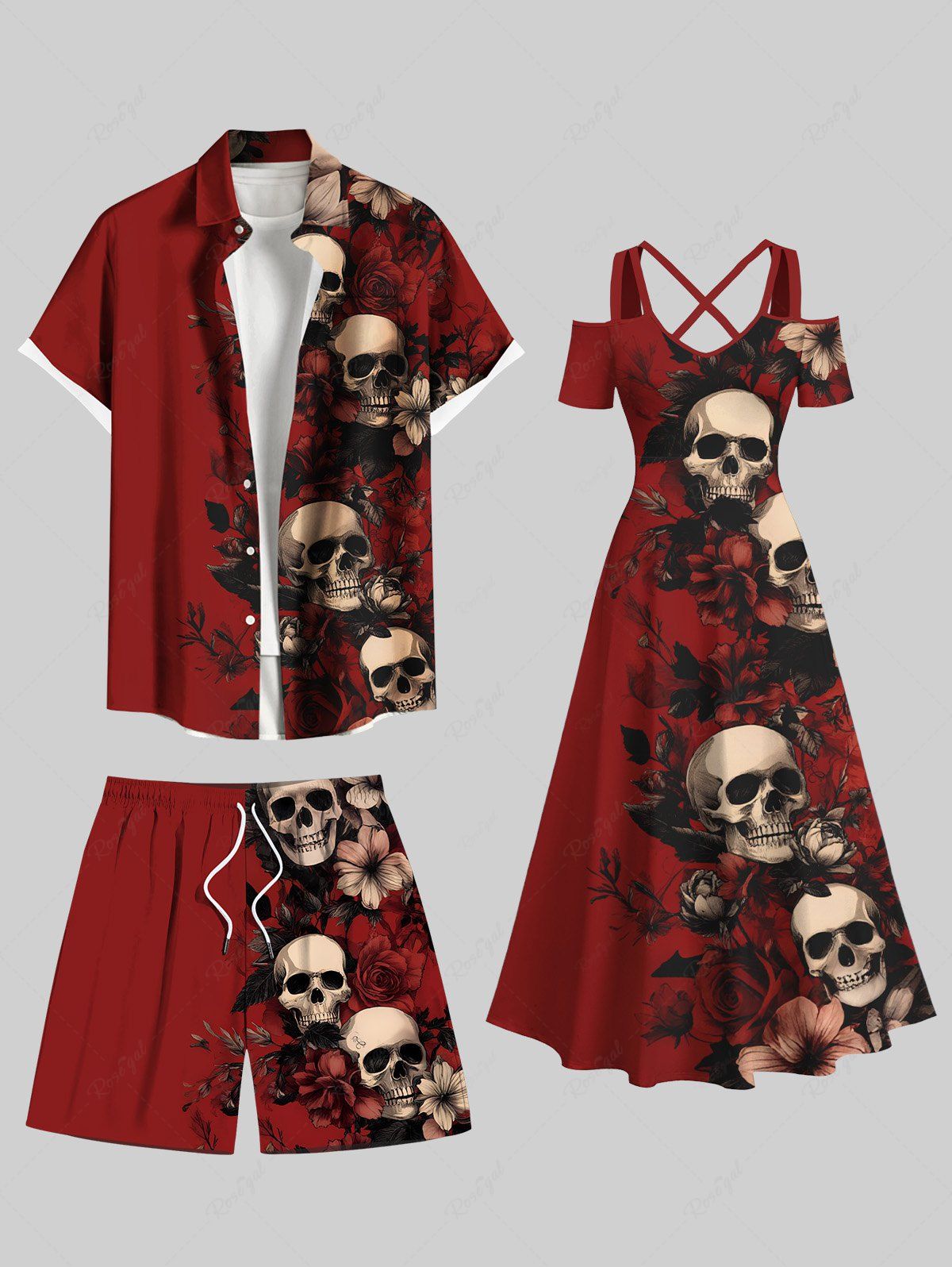 Tenue d'Halloween grande taille à imprimé tête de mort, fleur et feuille, pour couple Rouge 