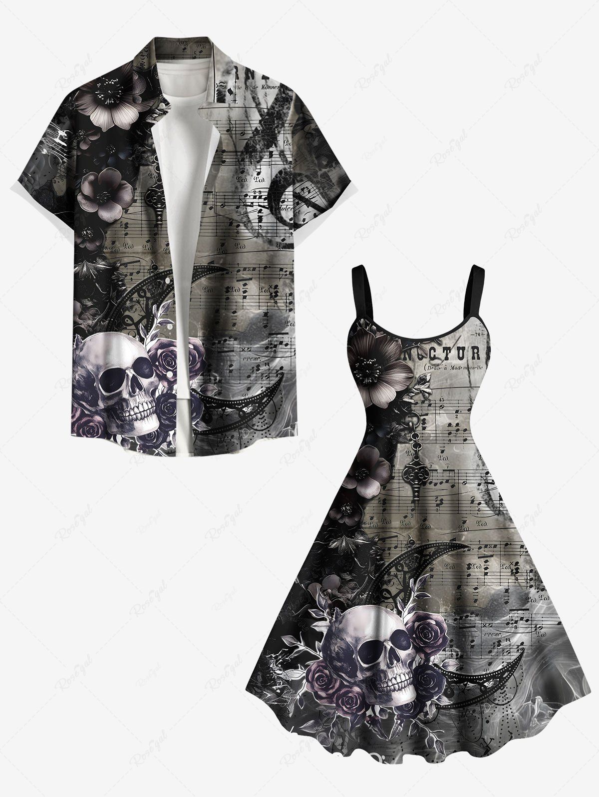 Tenue assortie grande taille pour couple, motif tête de mort, fleur, lune, symbole musical Gris Foncé 